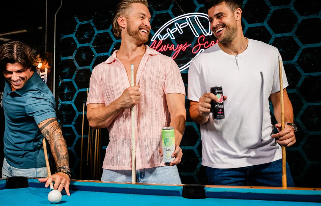Friends Playing Pool Drinking Seltzers Mitragynine