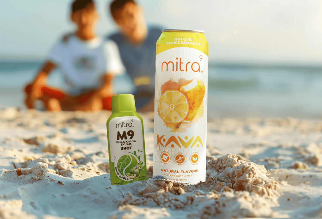 Father and Son at beach with Kava and Kratom products in sand