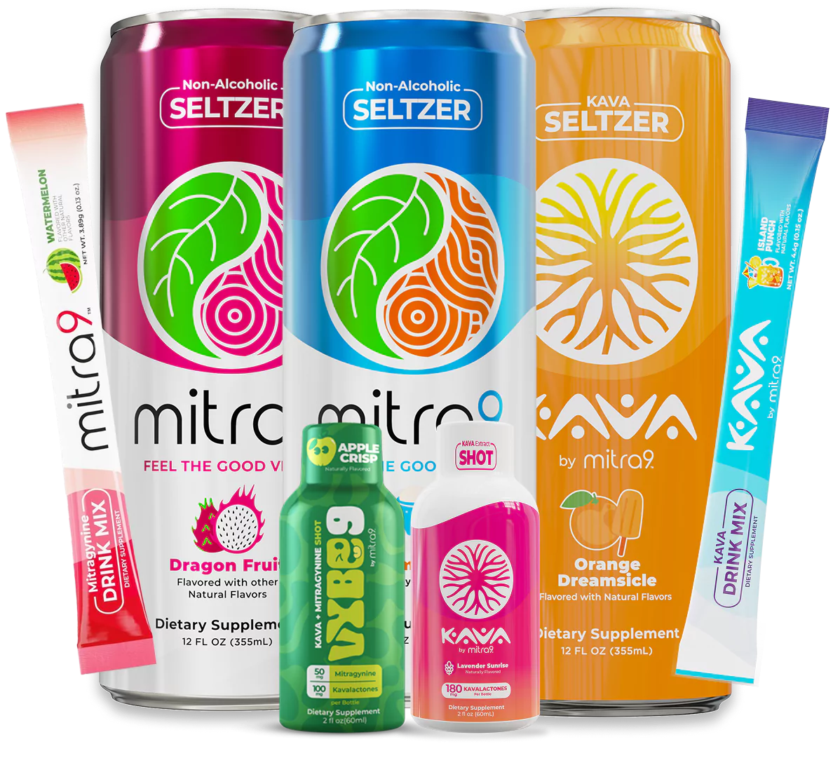 Collection of Seltzer and Kava drinks with colorful packaging on a white background