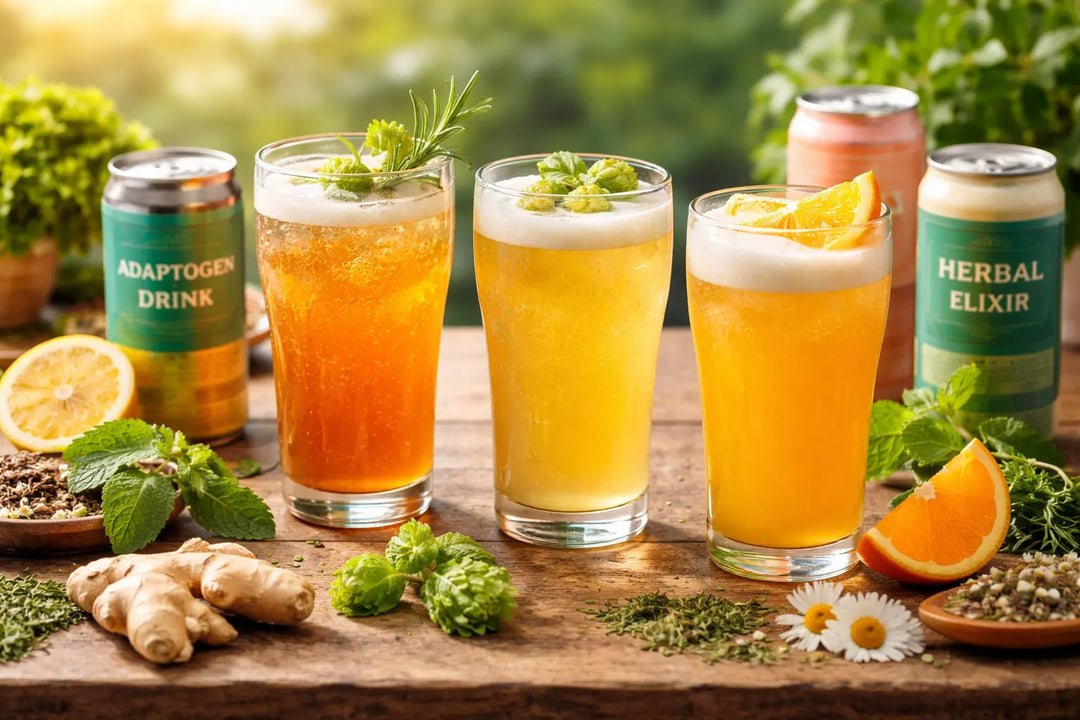 Assorted non-alcoholic drinks reminiscent of beer, featuring golden functional beverages with citrus, herbs, ginger, and botanical ingredients, served as alcohol-free alternatives for social drinking