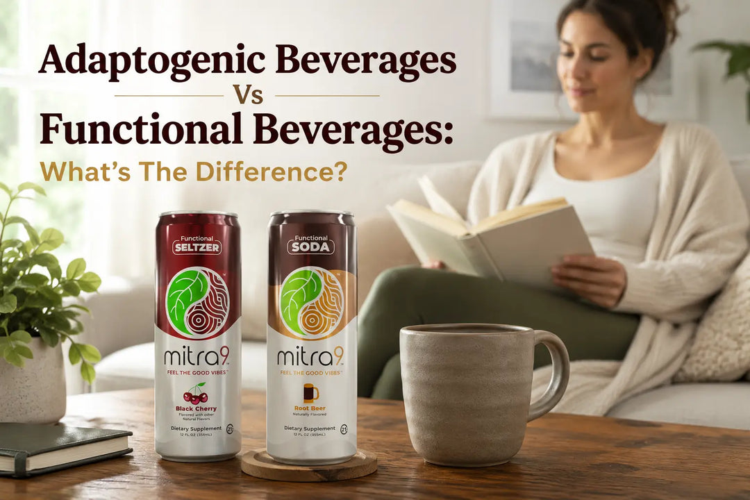 Woman relaxing with Mitra9 functional beverages, illustrating the difference between adaptogenic and functional drinks in a wellness-focused lifestyle setting.