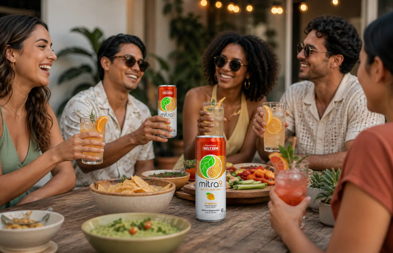 Mitra9 Tangerine functional seltzer at outdoor social gathering with friends, alcohol free drinks, citrus cocktails, and lifestyle party setting with food and string lights