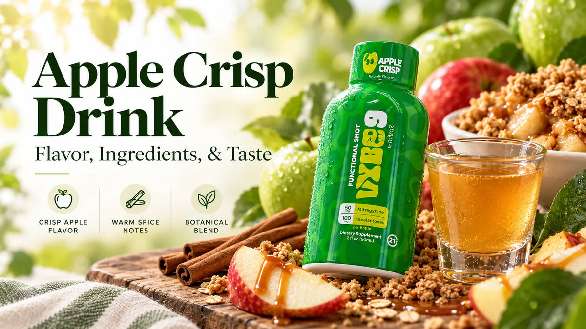 Apple Crisp Kava and Mitragynine shot by Vybe9 with fresh apples, cinnamon, and an apple crisp-inspired drink in a bright lifestyle setting.
