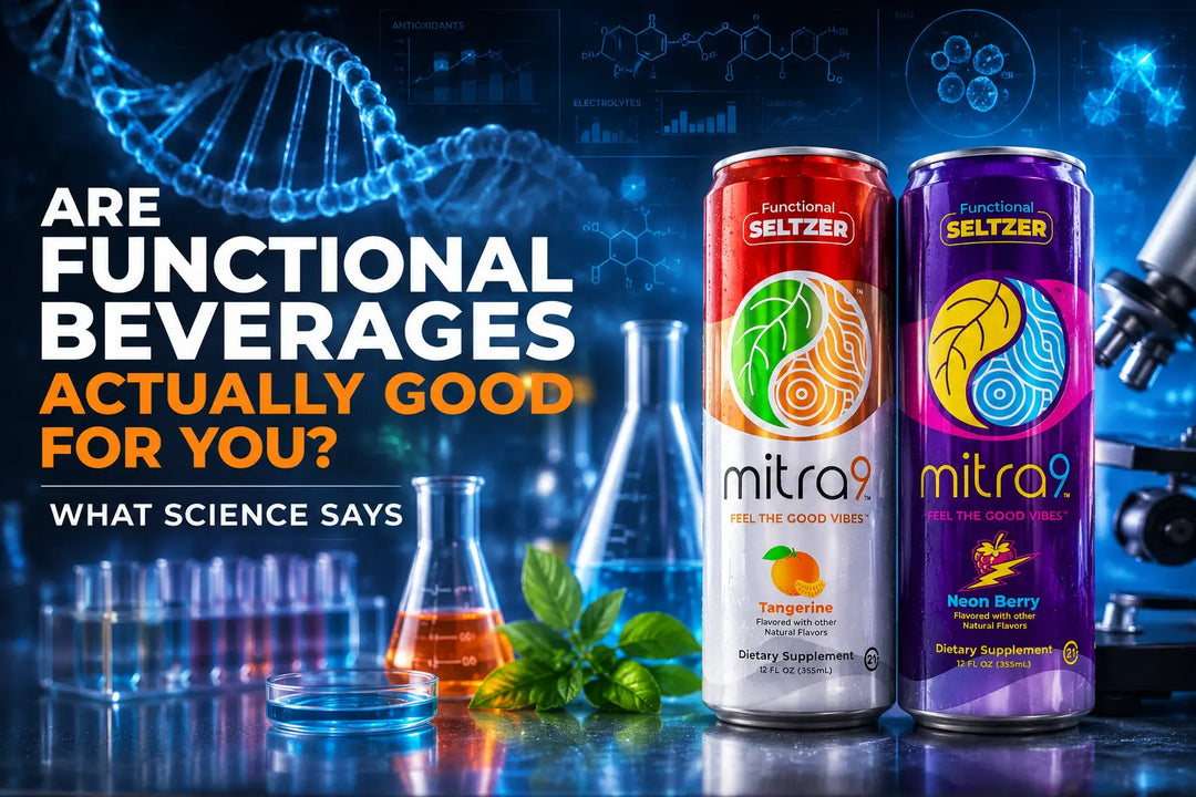Functional beverage science concept featuring Mitra9 Tangerine and Neon Berry seltzers with DNA, lab equipment, and wellness research visuals.