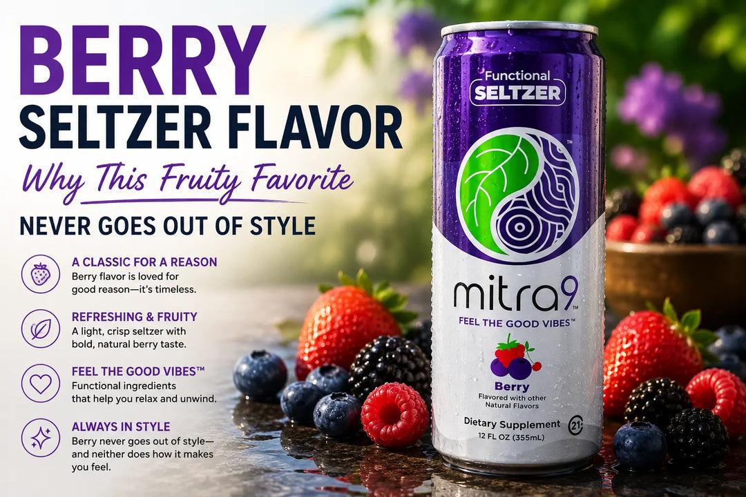 Mitra9 Berry Functional Seltzer surrounded by fresh mixed berries, highlighting a refreshing berry-flavored functional beverage for relaxation and everyday wellness.