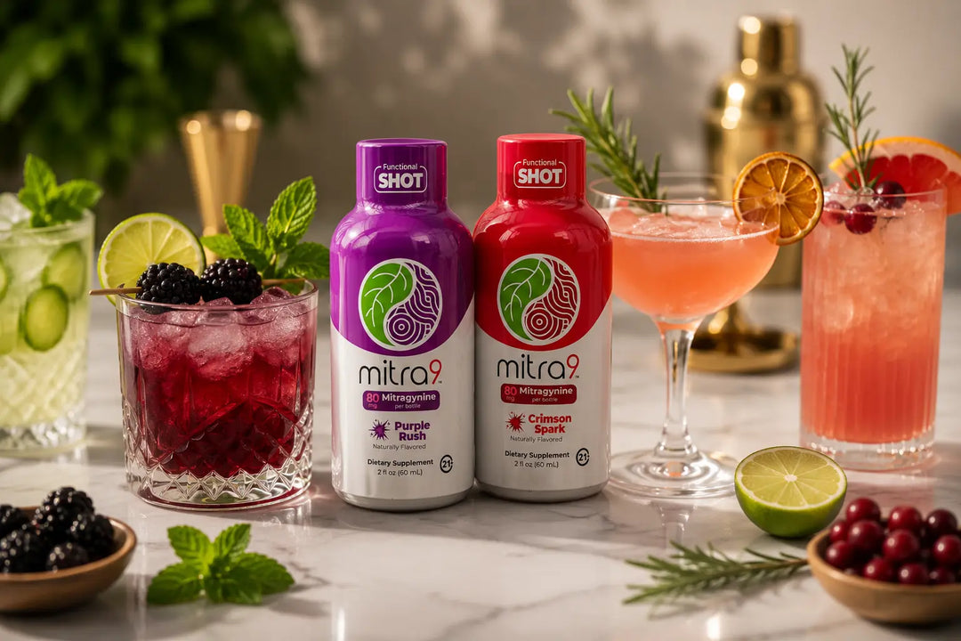 Mitra9 Purple Rush and Crimson Spark functional shots displayed with colorful mocktails, fresh fruit garnishes, and cocktail ingredients for alcohol-free beverage recipes.