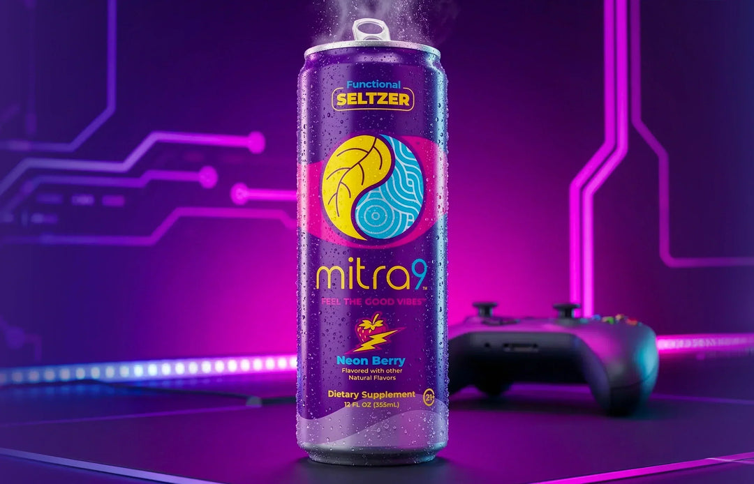 Mitra9 Neon Berry Mitragynine functional seltzer can in gaming setup, non-alcoholic botanical soda for social occasions, refreshing kava-style drink alternative