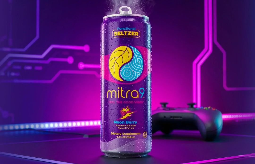 Mitra9 Neon Berry Mitragynine functional seltzer can in gaming setup, non-alcoholic botanical soda for social occasions, refreshing kava-style drink alternative