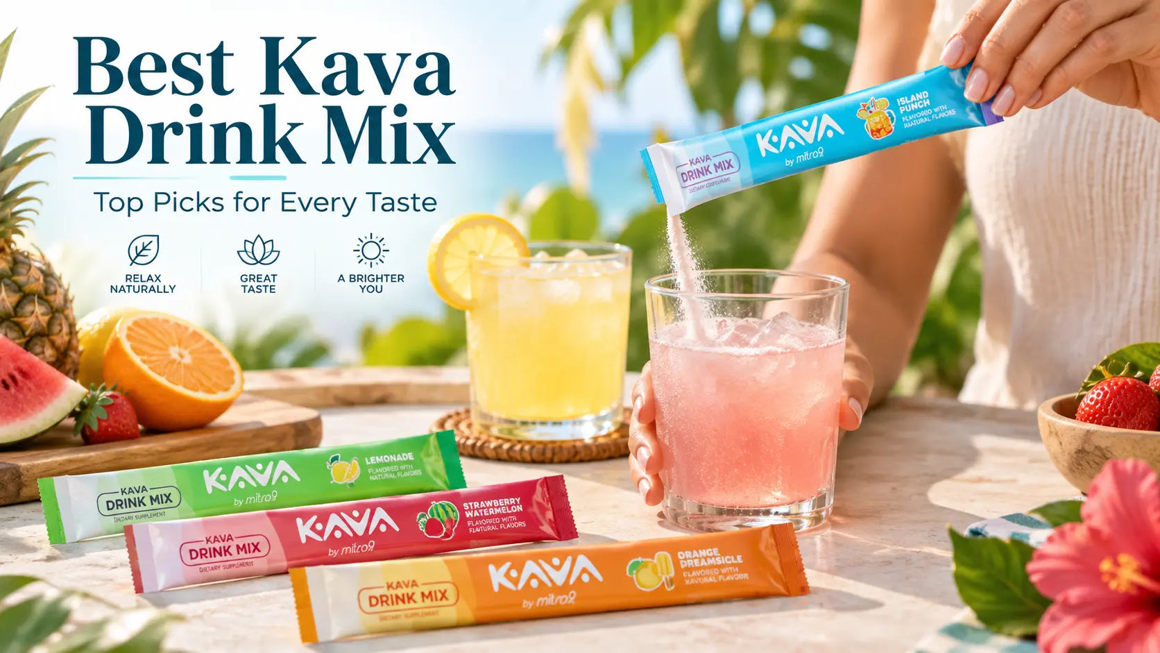 Best Kava drink mix header image featuring Kava by Mitra9 stick packs in multiple flavors, with a person pouring the drink mix into a glass in a tropical setting