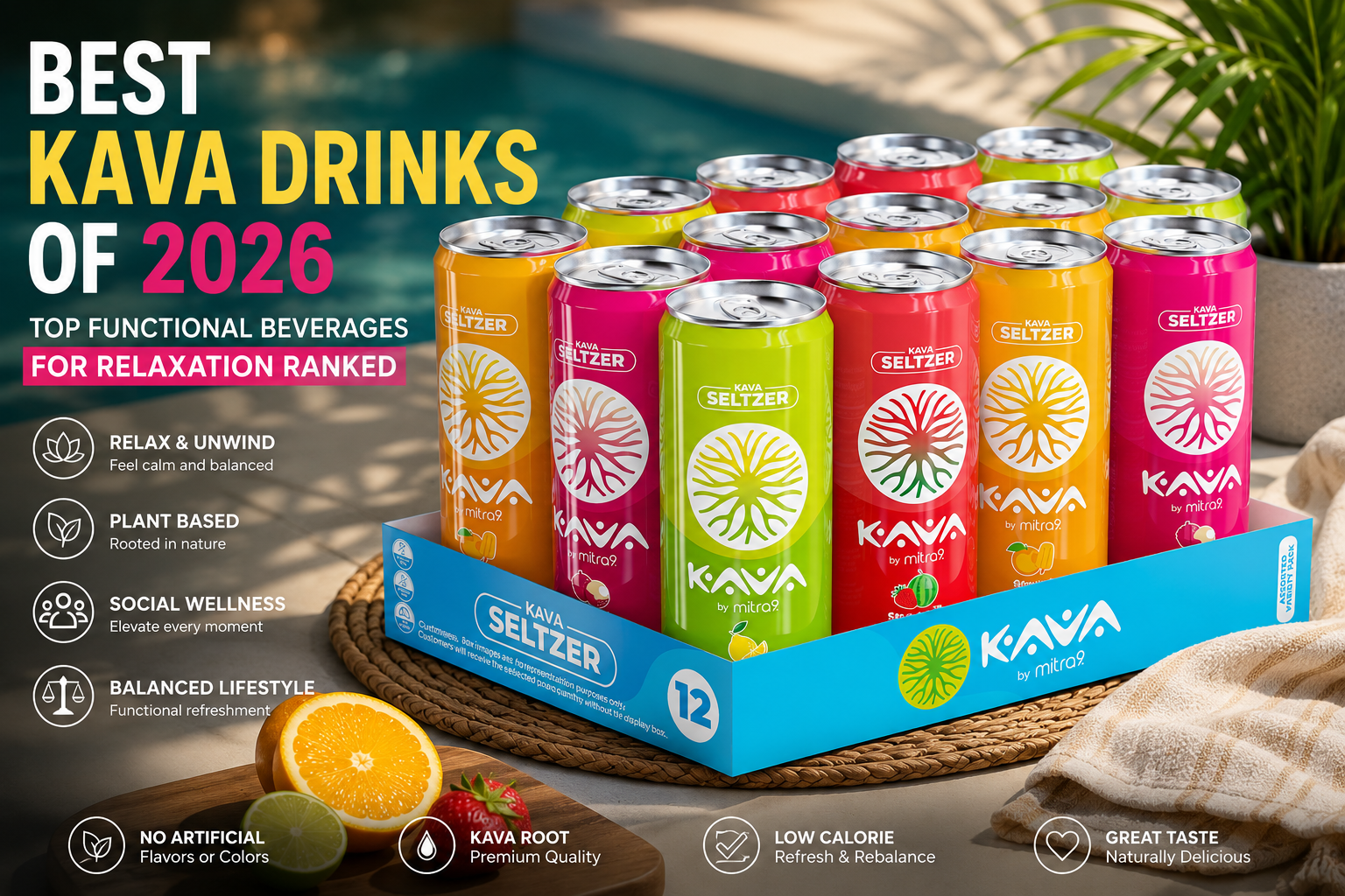 Best Kava Drinks of 2026 featuring Mitra9 Kava Seltzer Variety Pack with 12 tropical functional beverages for relaxation, calm, and everyday wellness.