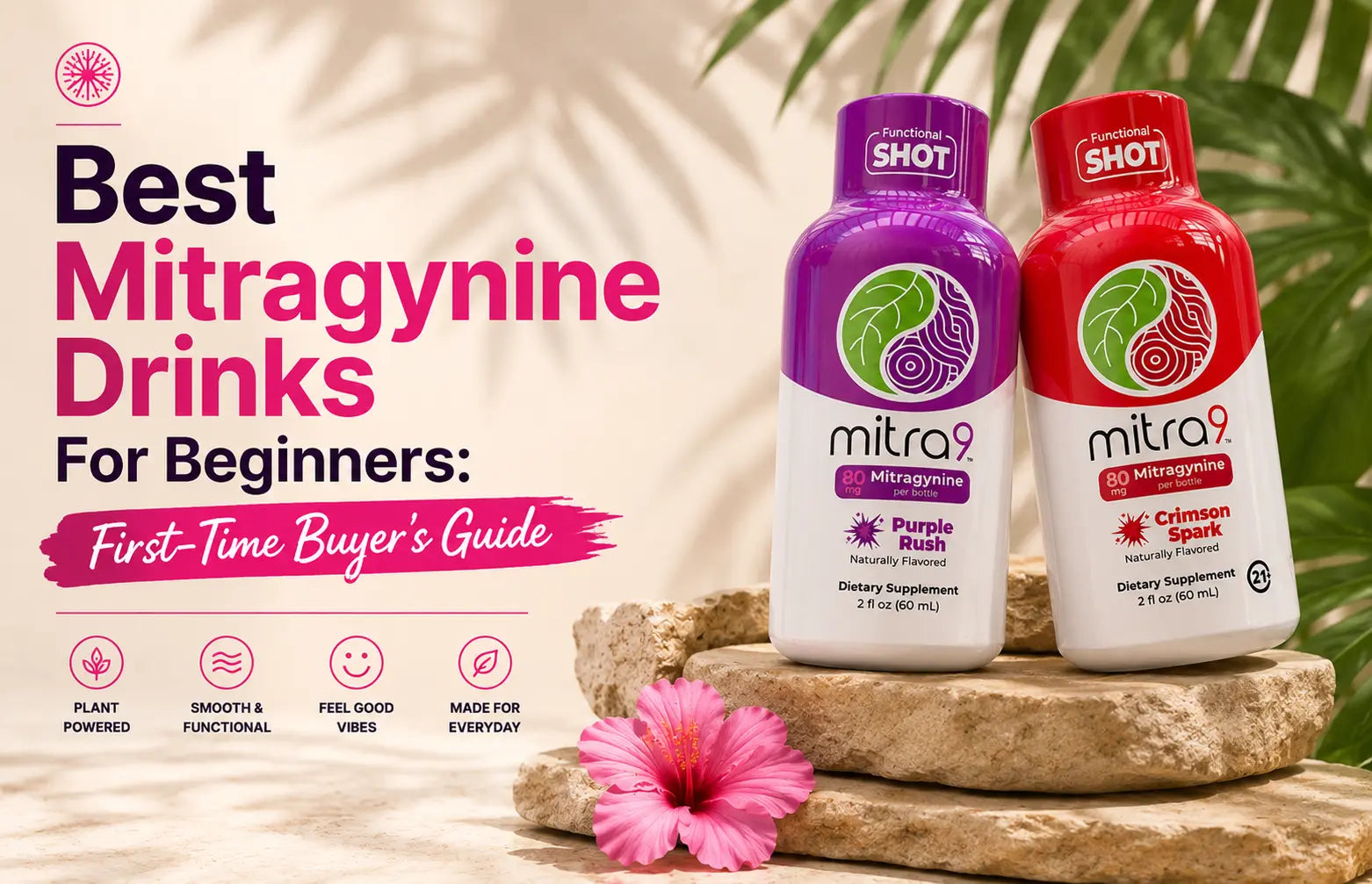 Mitra9 Purple Rush and Crimson Spark Mitragynine shots displayed as beginner-friendly functional drinks for first-time buyers