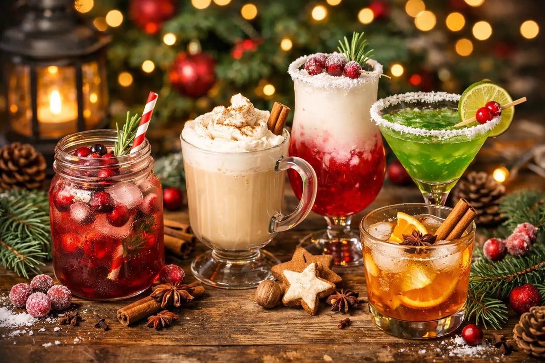 Holiday mocktails made with non alcoholic functional drinks, fruit, and seasonal spices for festive wellness celebrations