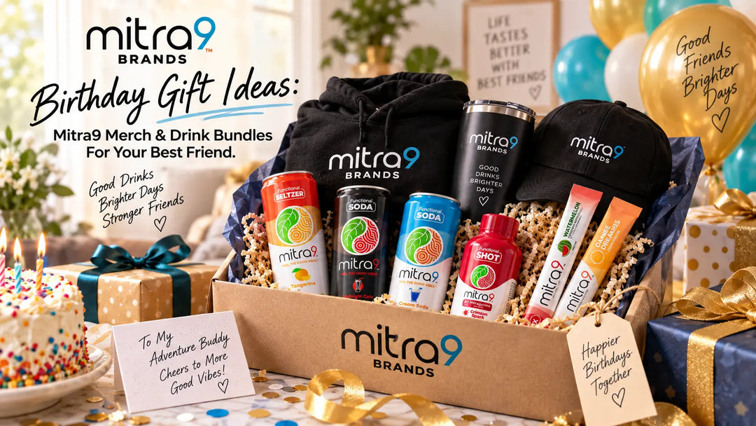 Mitra9 birthday gift bundle featuring branded merch, functional drinks, shots, and drink mixes arranged with balloons, wrapped gifts, and birthday decorations.