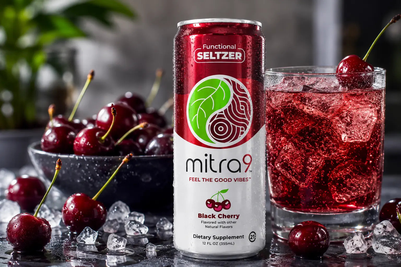 Mitra9 Black Cherry Functional Seltzer served with fresh black cherries and an iced cherry beverage, showcasing a bold fruit-flavored functional drink for relaxation and everyday wellness.