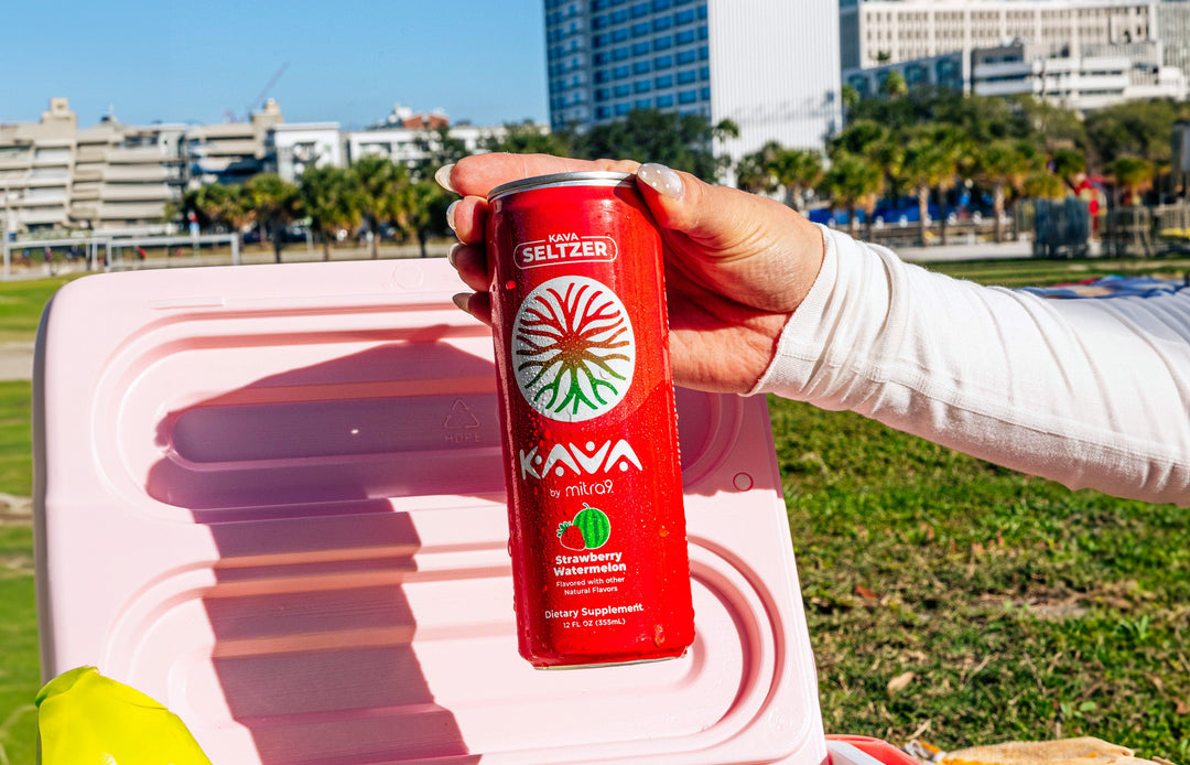 Hand holding a Strawberry Watermelon Kava Seltzer by Mitra9 outdoors, illustrating whether drinking kava gives a buzz in a refreshing, alcohol-free way