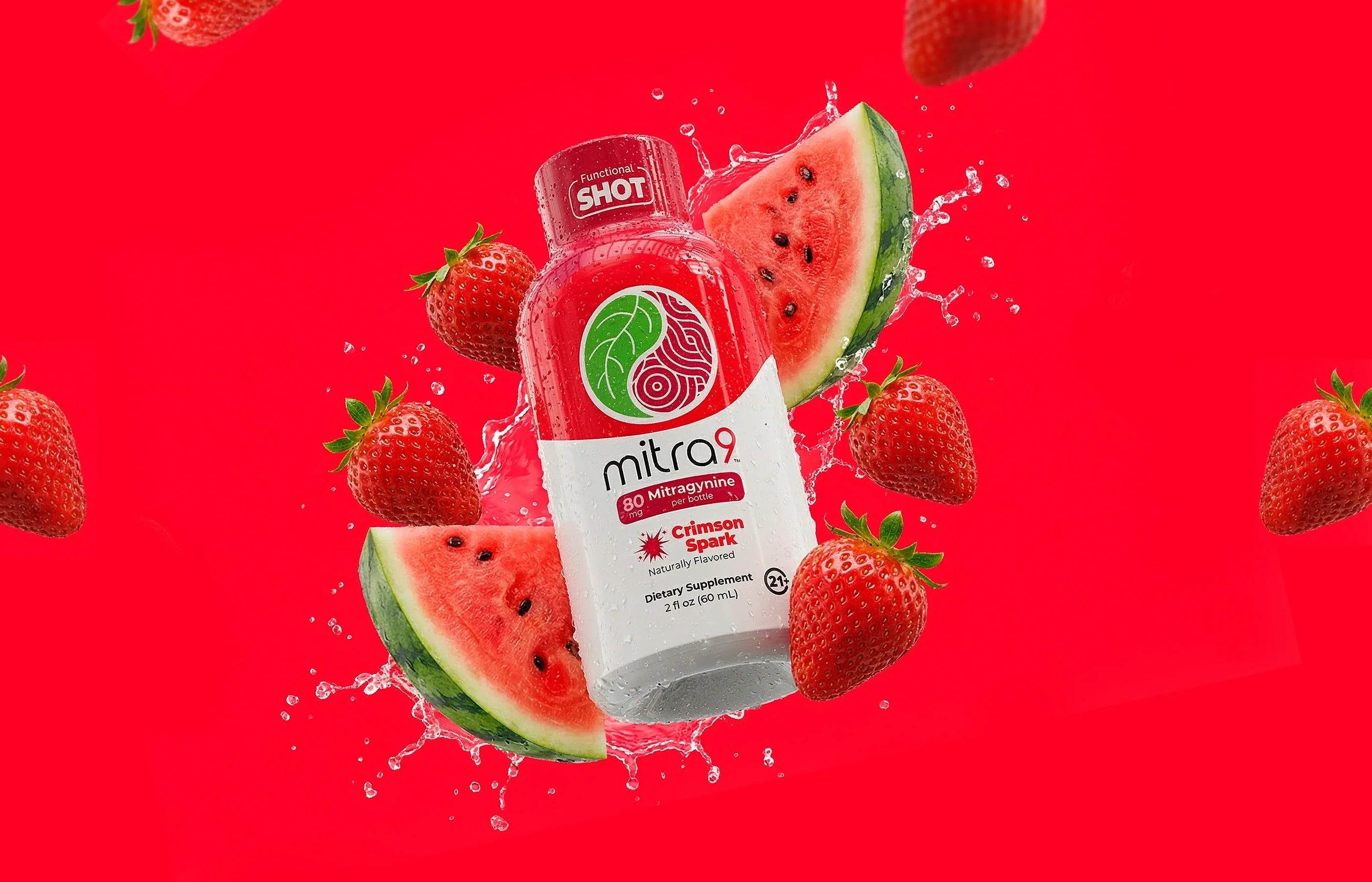 Mitra9 Crimson Spark Mitragynine shot with strawberry and watermelon flavor, caffeine-free functional drink for energy, focus, and convenient on-the-go botanical support