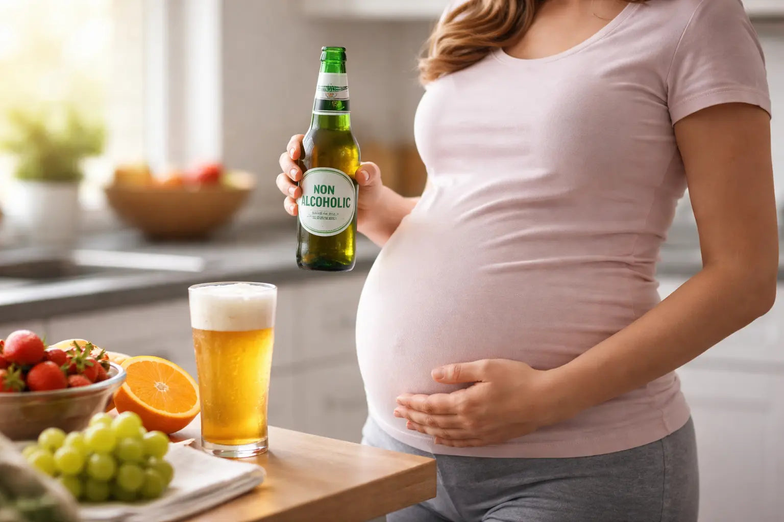 Pregnant woman holding a non-alcoholic beer bottle beside a glass of alcohol-free beer and fresh fruit on a kitchen counter, highlighting a non-alcoholic beverage option during pregnancy