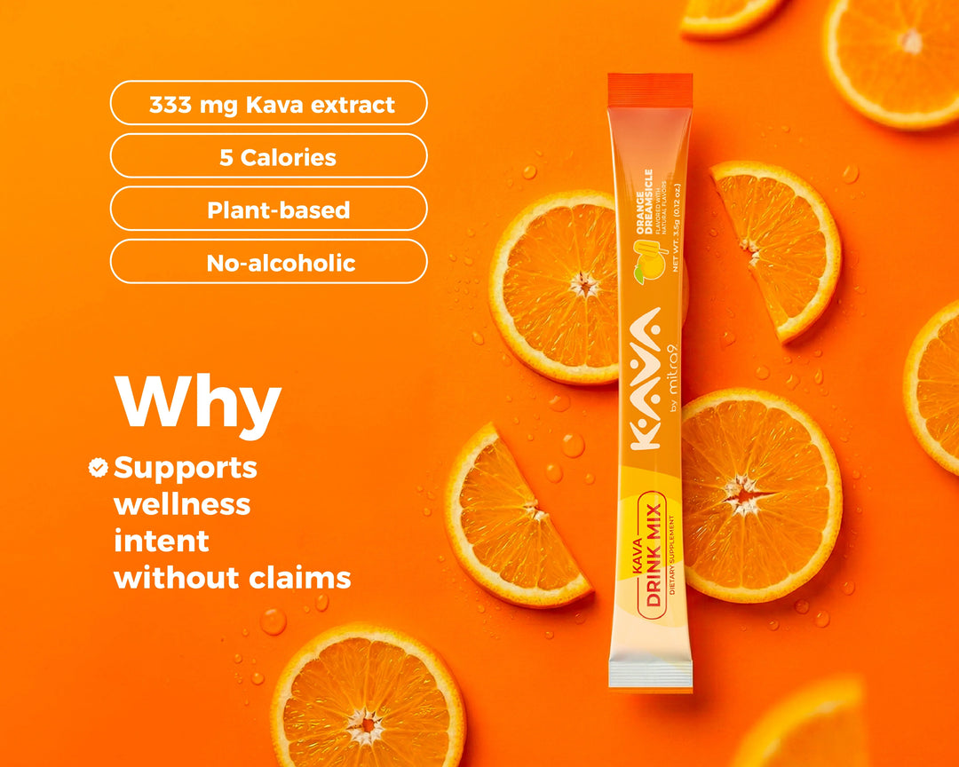 Kava drink mix stick pack with orange flavor displayed among fresh orange slices, highlighting plant-based ingredients, low calories, and alcohol-free functional beverage benefits.