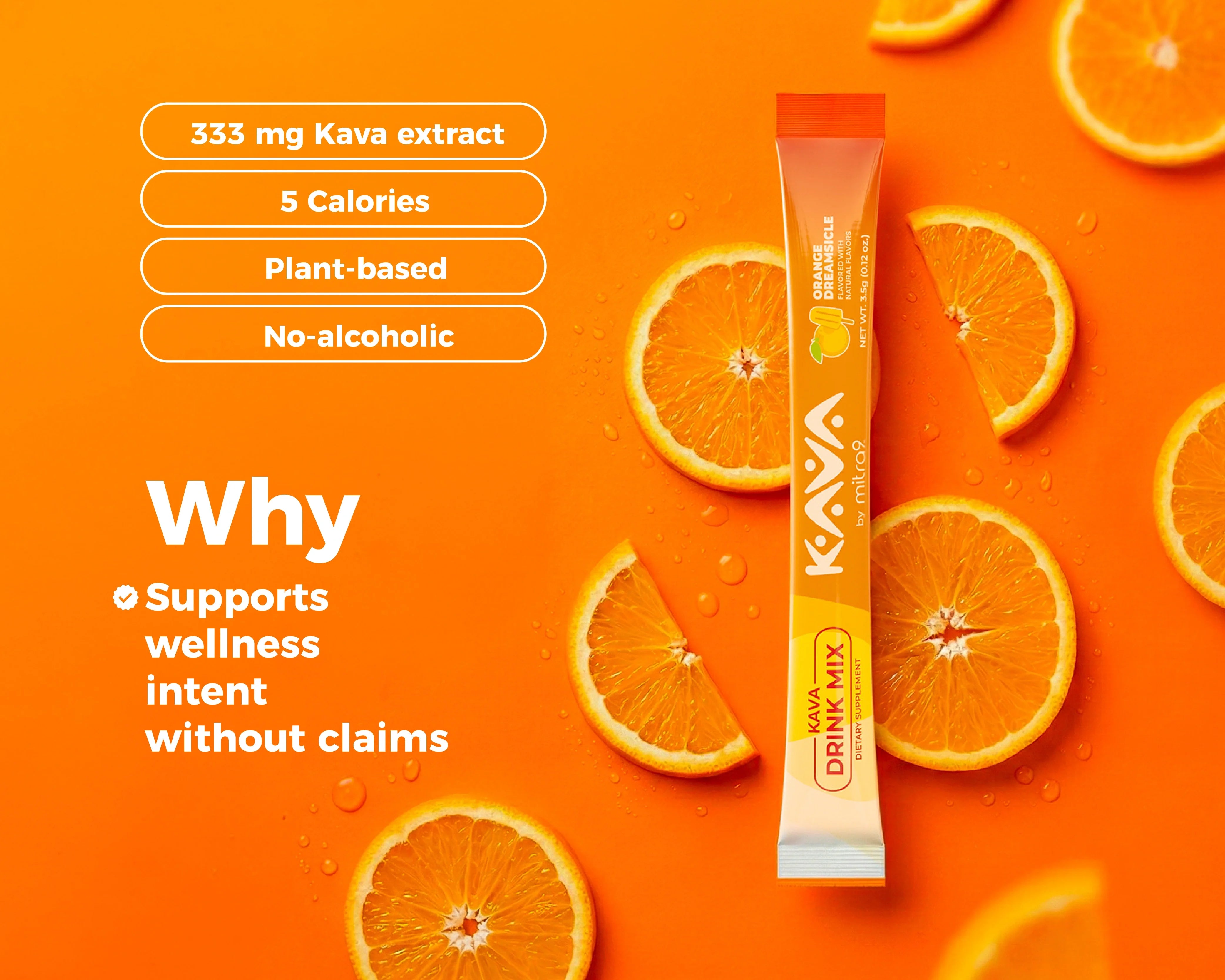Kava drink mix stick pack with orange flavor displayed among fresh orange slices, highlighting plant-based ingredients, low calories, and alcohol-free functional beverage benefits.