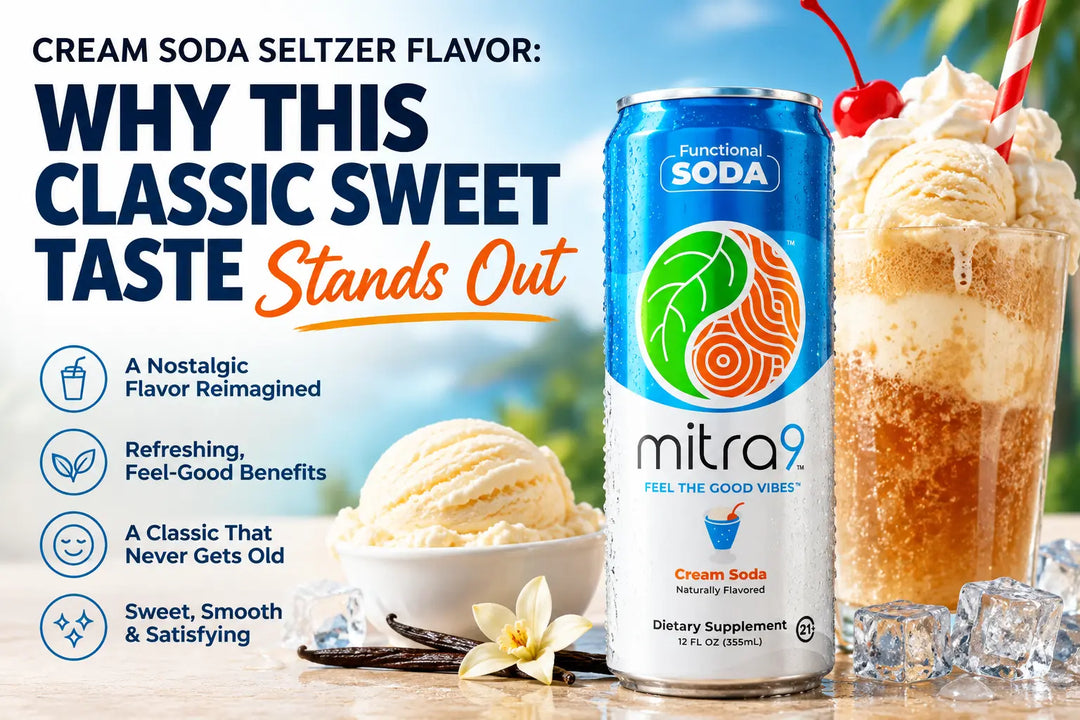 Mitra9 Cream Soda Functional Soda in a refreshing cream soda float setting with vanilla ice cream, highlighting a nostalgic functional beverage flavor for relaxation and everyday wellness.