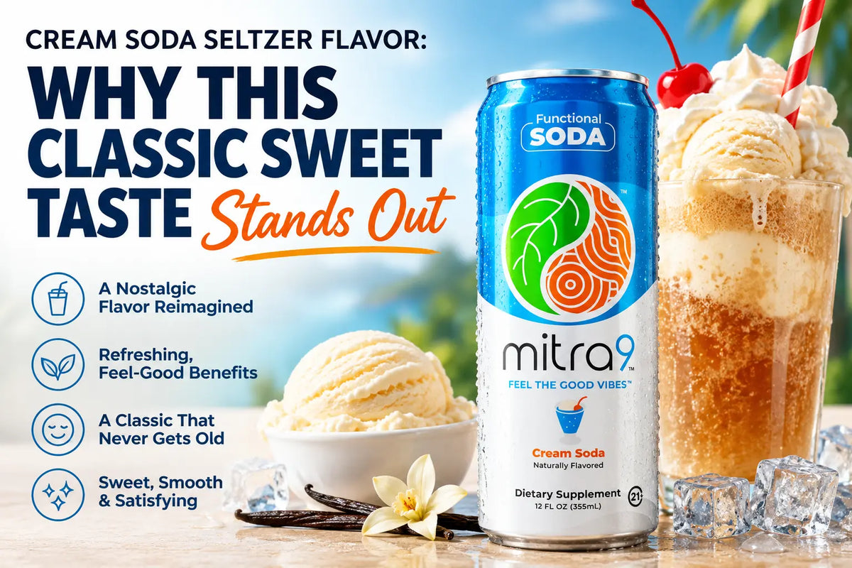 Mitra9 Cream Soda Functional Soda in a refreshing cream soda float setting with vanilla ice cream, highlighting a nostalgic functional beverage flavor for relaxation and everyday wellness.