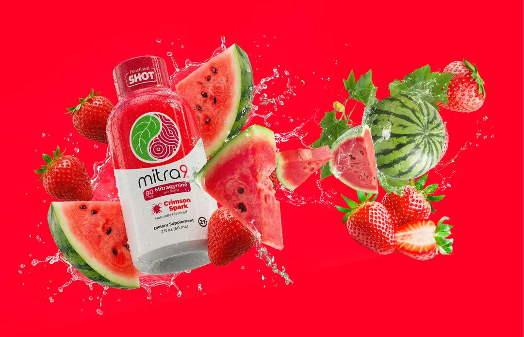 Mitra9 Crimson Spark Mitragynine functional energy shot with strawberry and watermelon flavor, caffeine-free botanical energy drink for focus and convenient on-the-go use