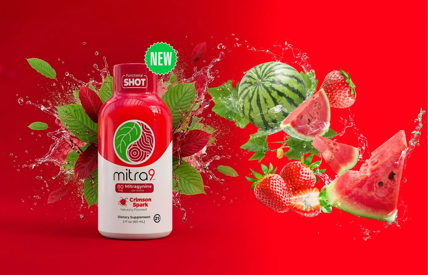 Mitra9 Crimson Spark Mitragynine shot bottle with 80mg per serving on red background, functional botanical energy drink shot for convenient, caffeine-free energy and focus