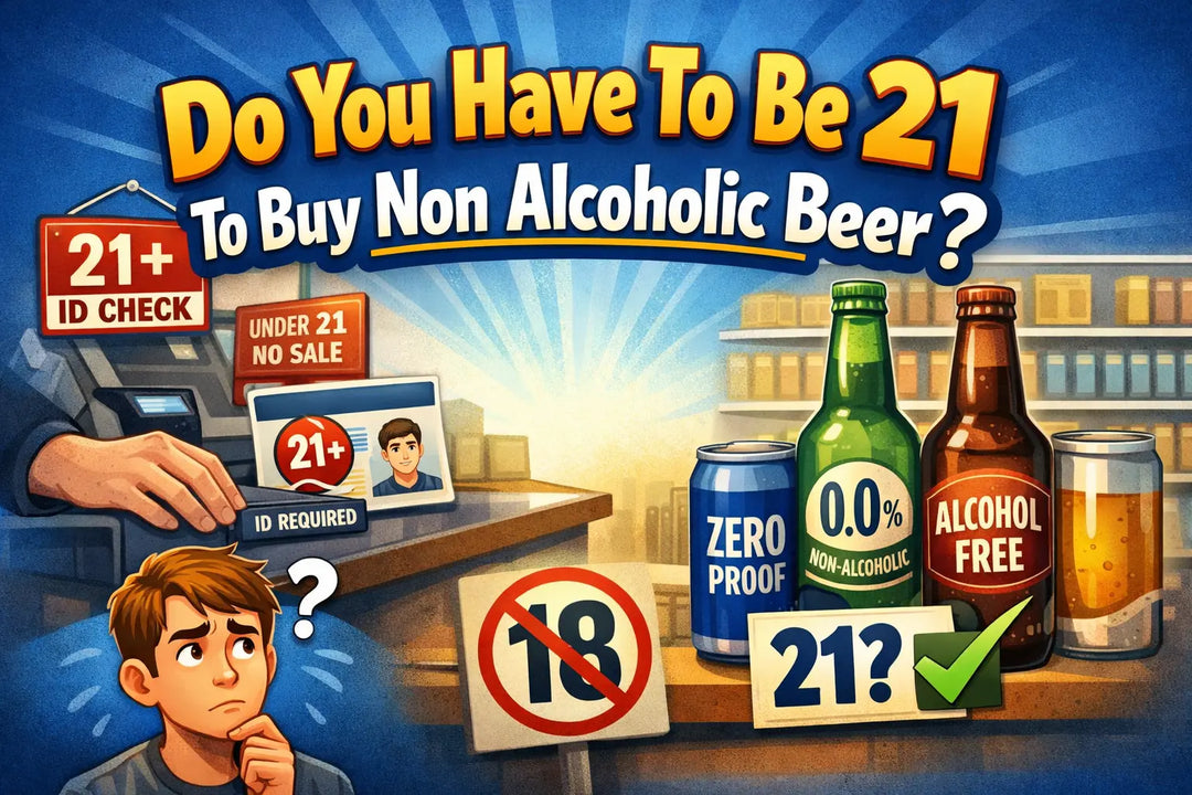 Illustration showing ID check at a store counter with signs about age restrictions and non-alcoholic beer bottles labeled zero proof and alcohol free, asking whether you must be 21 to buy non-alcoholic beer