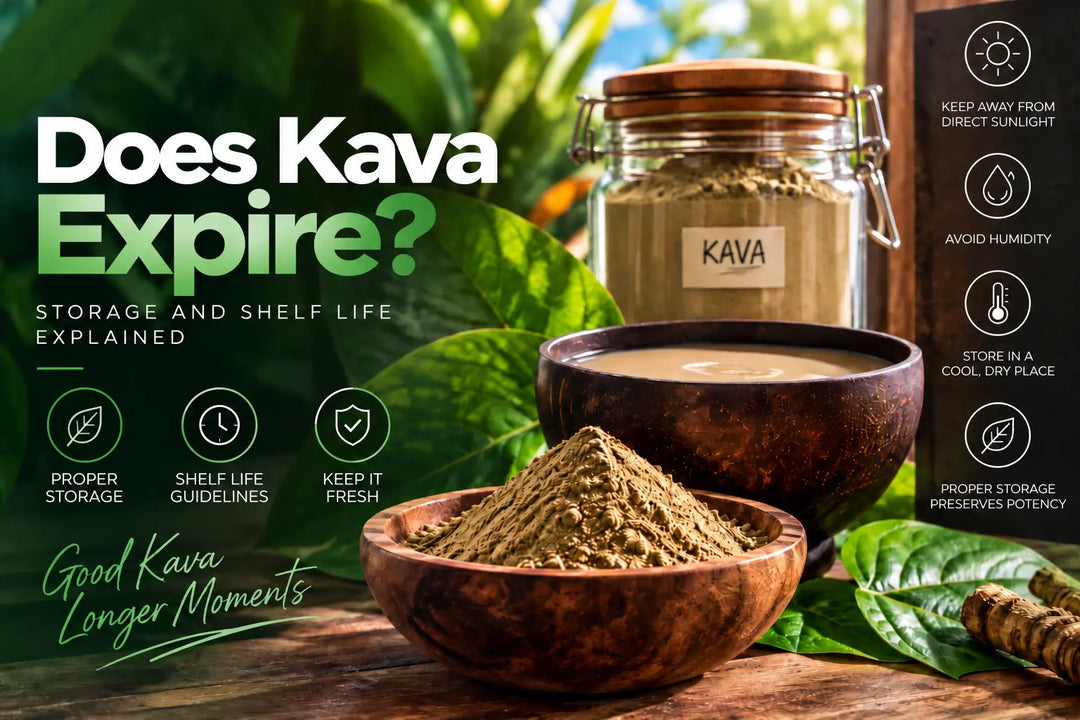 Does Kava expire blog header featuring kava powder, a prepared kava drink, tropical leaves, and storage tips for preserving freshness and shelf life.