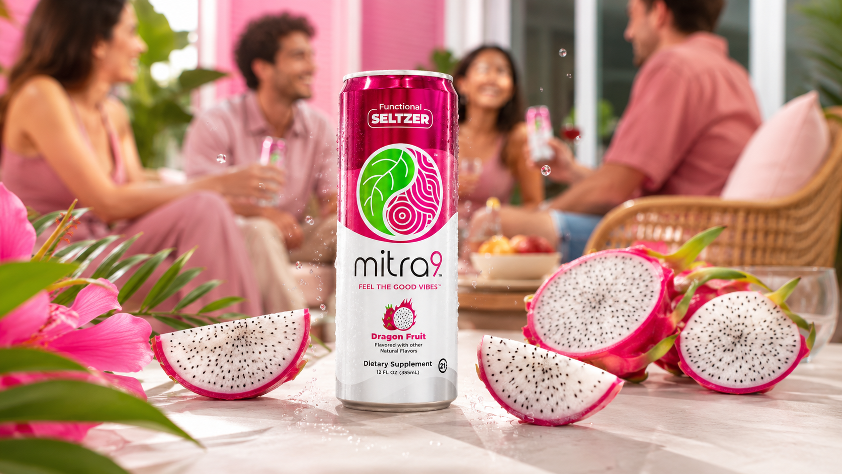 Mitra9 Dragon Fruit Functional Seltzer displayed with fresh dragon fruit slices at a relaxed social gathering with friends.