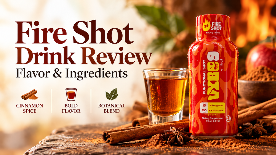 Fire Shot Kava and Mitragynine functional shot by Mitra9 with cinnamon sticks, spices, and a filled shot glass in a warm lifestyle setting.