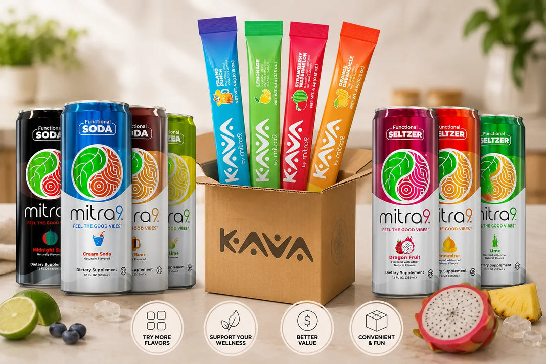 Variety pack assortment of Mitra9 functional beverages featuring Kava drink mix stick packs, functional sodas, and functional seltzers displayed together, highlighting flavor variety, convenience, and value for consumers