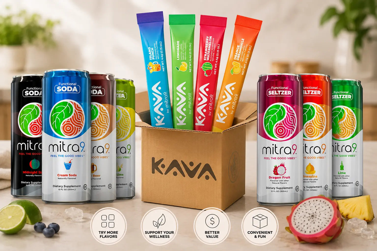 Variety pack assortment of Mitra9 functional beverages featuring Kava drink mix stick packs, functional sodas, and functional seltzers displayed together, highlighting flavor variety, convenience, and value for consumers