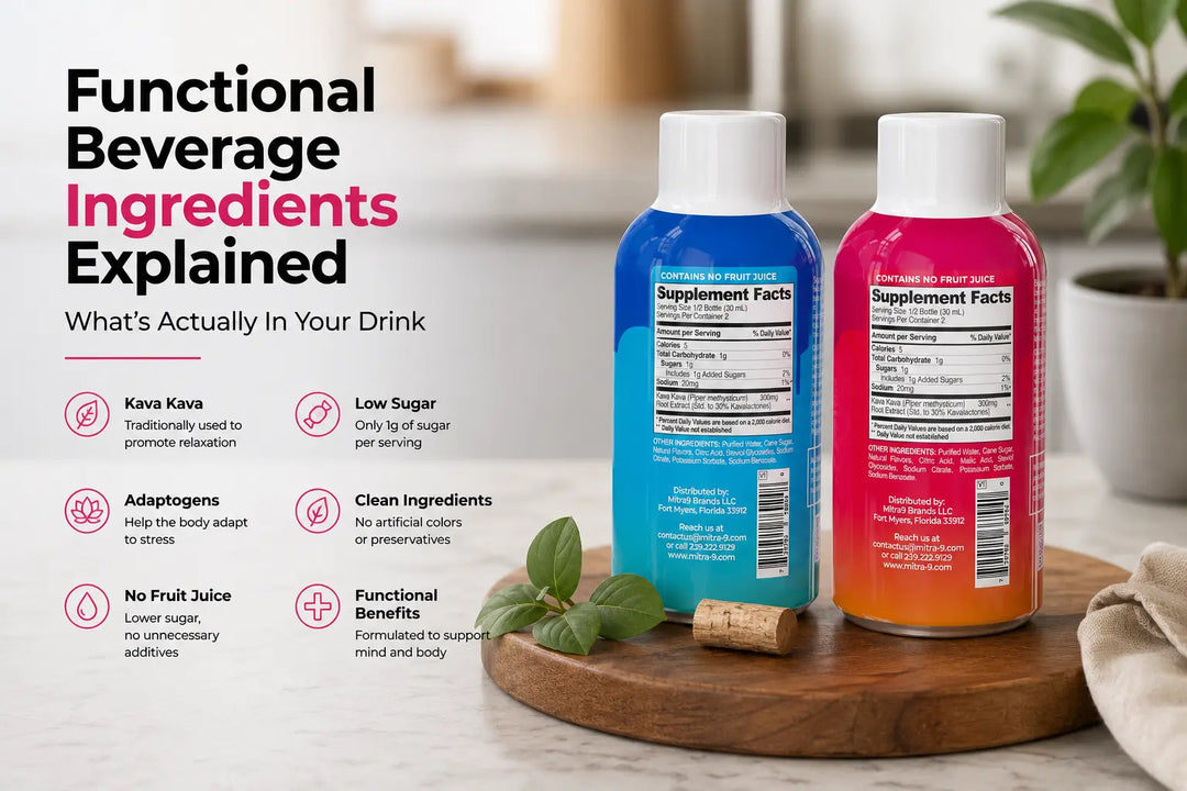 Functional beverage ingredients and supplement facts on Mitra9 Kava shots