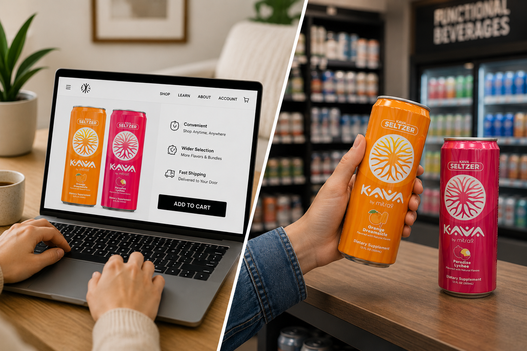 Functional beverage shopping comparison featuring Mitra9 Kava Seltzer Orange Dreamsicle and Paradise Lychee, highlighting the benefits.