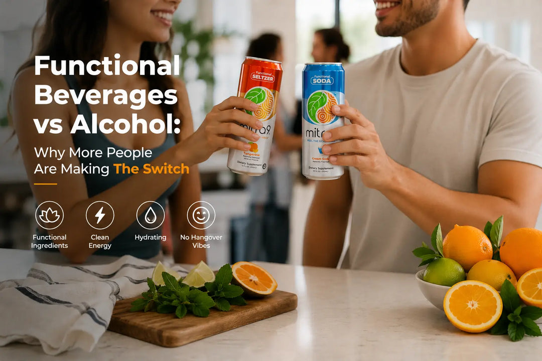 Two people enjoying Mitra9 functional beverages in a modern kitchen setting with fresh citrus fruits, promoting functional drinks as an alternative to alcohol for clean energy and hangover-free social occasions.