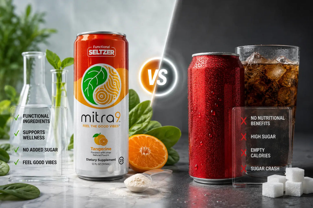 Functional beverage vs carbonated soda comparison featuring a Mitra9 Tangerine functional seltzer with natural ingredients alongside a traditional soft drink with sugar cubes and cola.