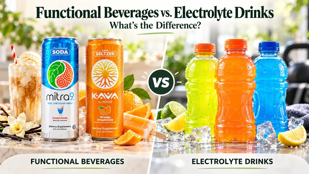 Mitra9 Cream Soda Functional Soda and Orange Dreamsicle Kava Seltzer compared with unbranded lemon-lime, orange, and blue electrolyte sports drinks, highlighting the differences between functional beverages and electrolyte drinks.