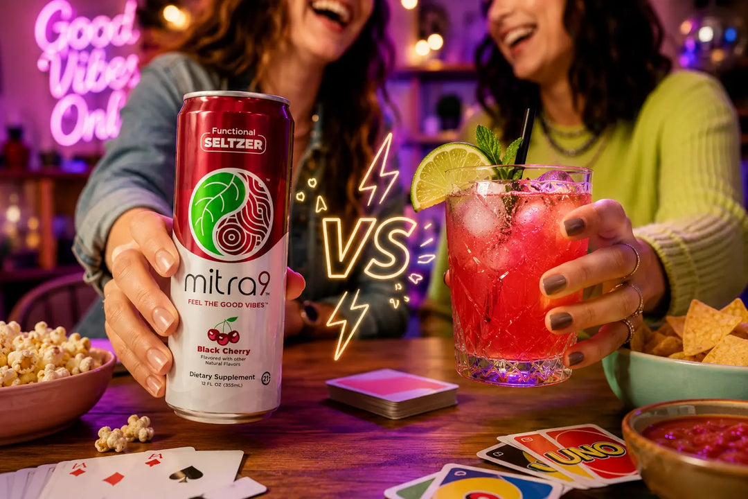 Lifestyle comparison of a Mitra9 Black Cherry functional beverage and a colorful fruit mocktail in a vibrant social setting, highlighting the difference between functional drinks and mocktails for relaxation, flavor, and experience.