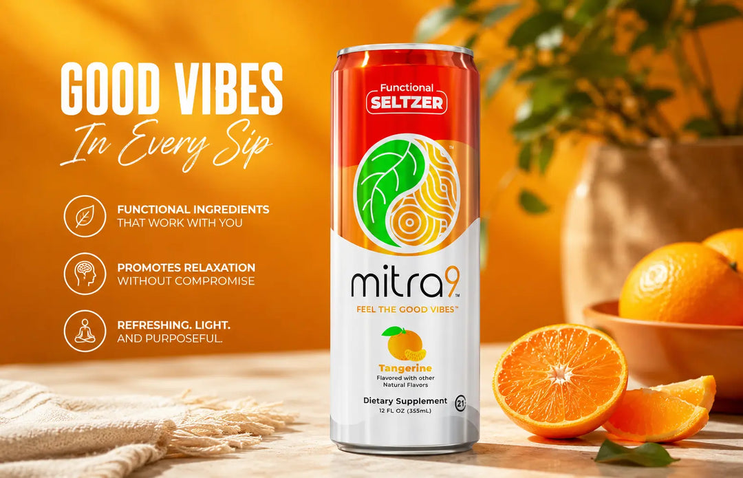 Mitra9 Tangerine Functional Seltzer can with fresh oranges in a bright lifestyle setting promoting functional beverages, relaxation, and alcohol alternative drinks.