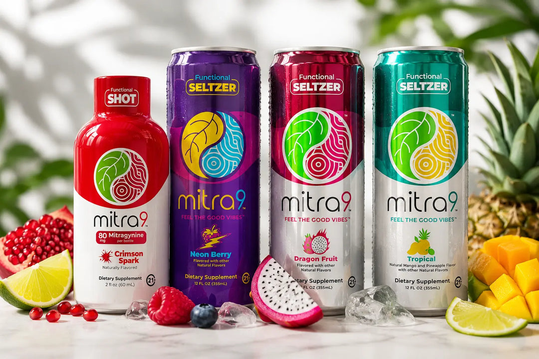 Functional beverage flavors including Neon Berry, Dragon Fruit, Tropical, and Crimson Spark showcased in a vibrant product lineup with fresh fruit, highlighting taste-forward functional drinks.