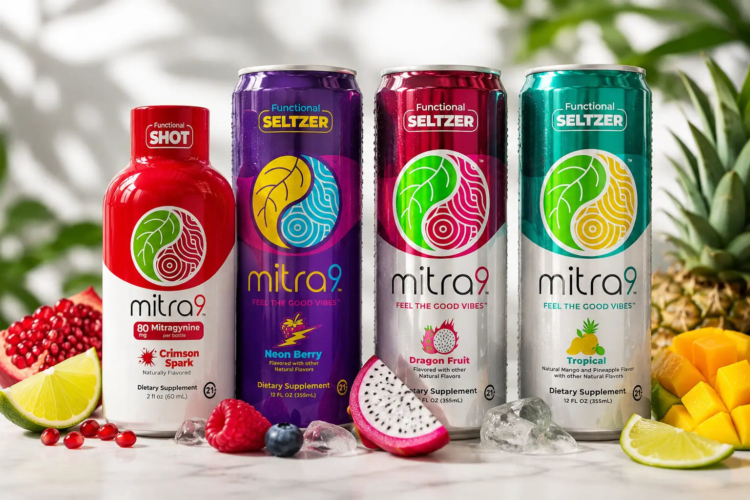 Functional beverage flavors including Neon Berry, Dragon Fruit, Tropical, and Crimson Spark showcased in a vibrant product lineup with fresh fruit, highlighting taste-forward functional drinks.