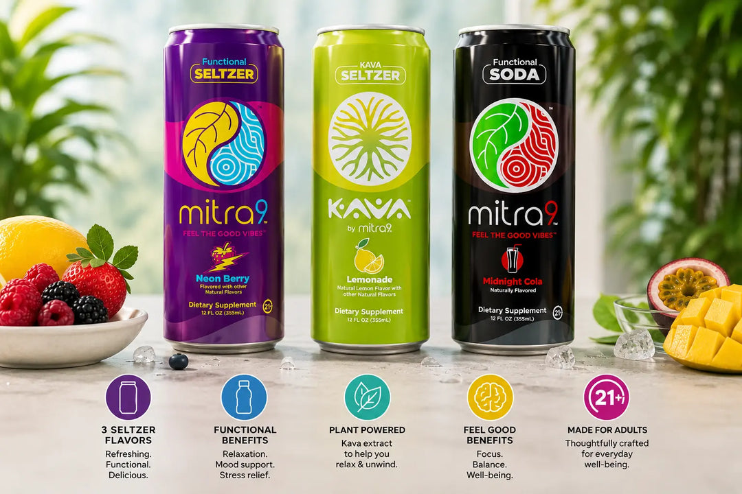 Functional beverage lineup featuring Neon Berry Functional Seltzer, Lemonade Kava Seltzer, and Midnight Cola Functional Soda with fresh fruit, ice, and wellness icons showcasing plant-powered ingredients and functional beverage benefits