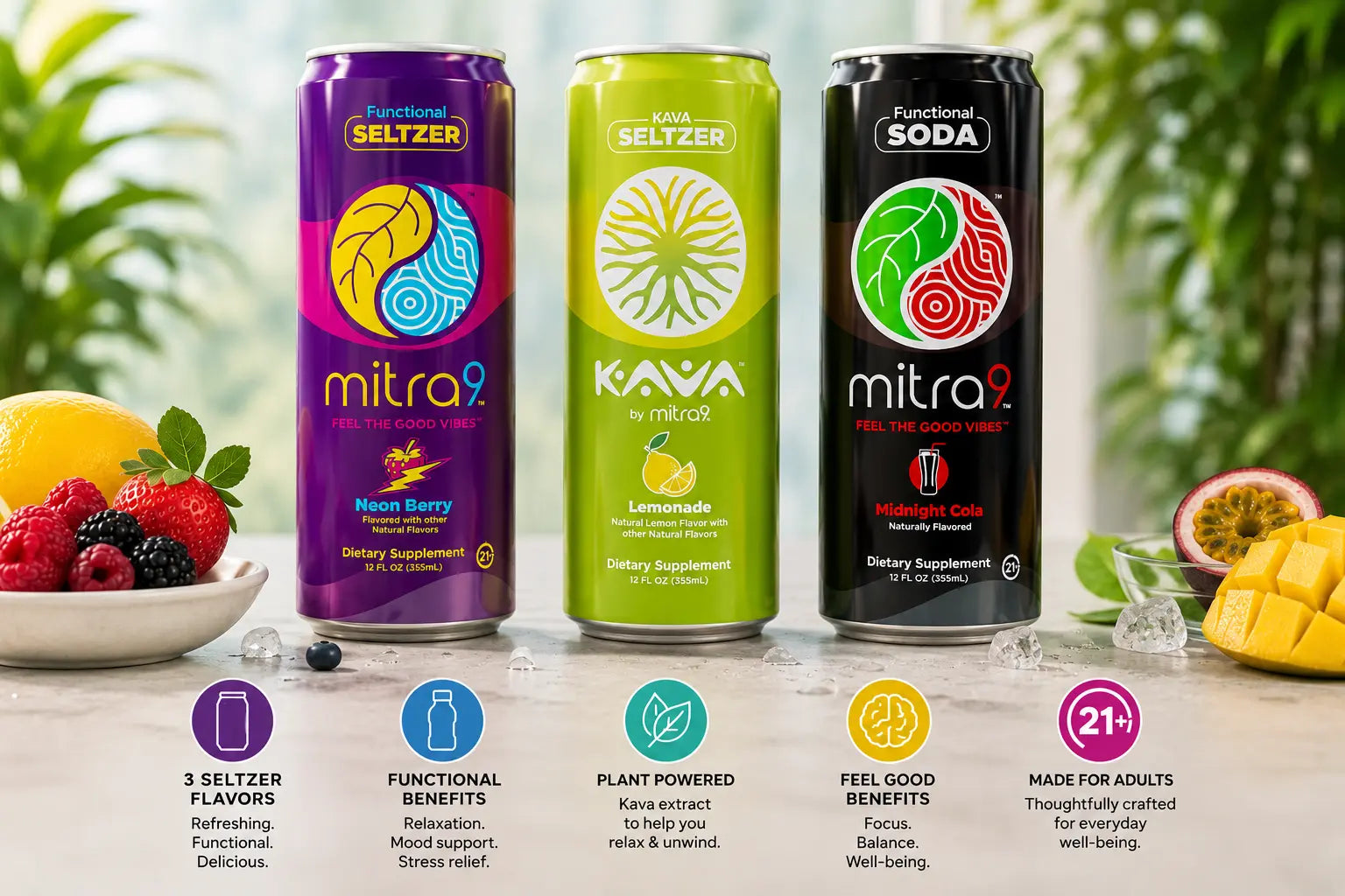 Functional beverage lineup featuring Neon Berry Functional Seltzer, Lemonade Kava Seltzer, and Midnight Cola Functional Soda with fresh fruit, ice, and wellness icons showcasing plant-powered ingredients and functional beverage benefits