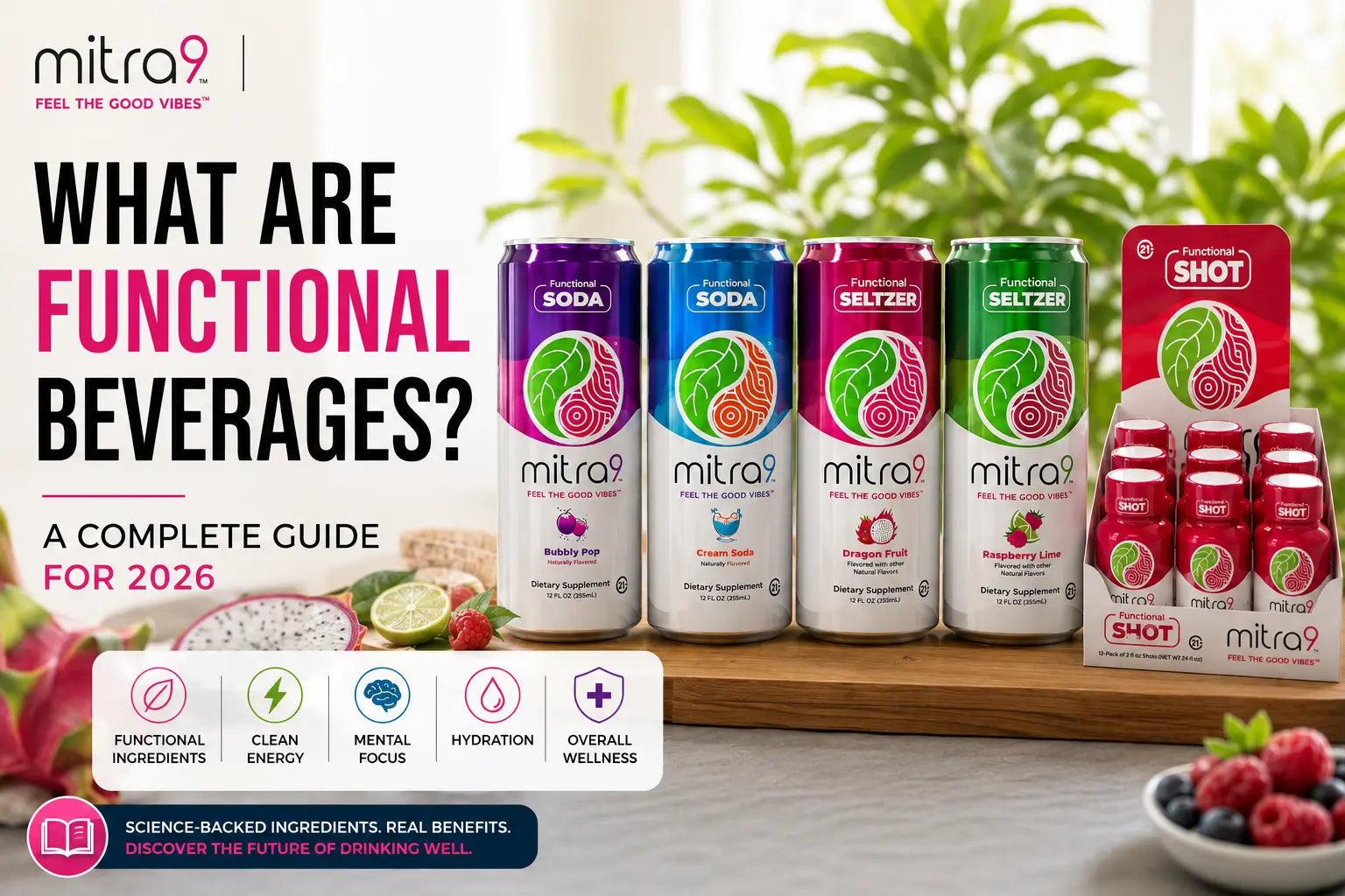 Functional beverage guide featuring Mitra9 functional seltzers, sodas, and shots with wellness benefits including clean energy, mental focus, hydration, and overall wellness.