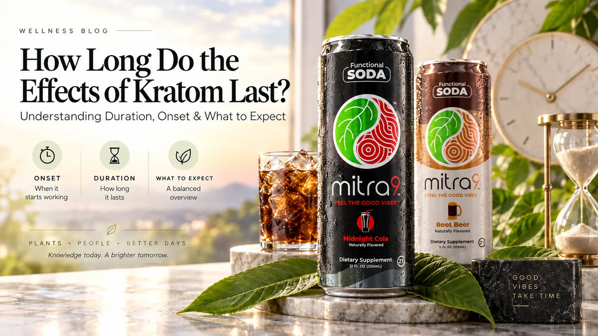 How long do the effects of kratom last featuring Mitra9 Midnight Cola and Root Beer Functional Soda cans with a clock and hourglass representing onset and duration.