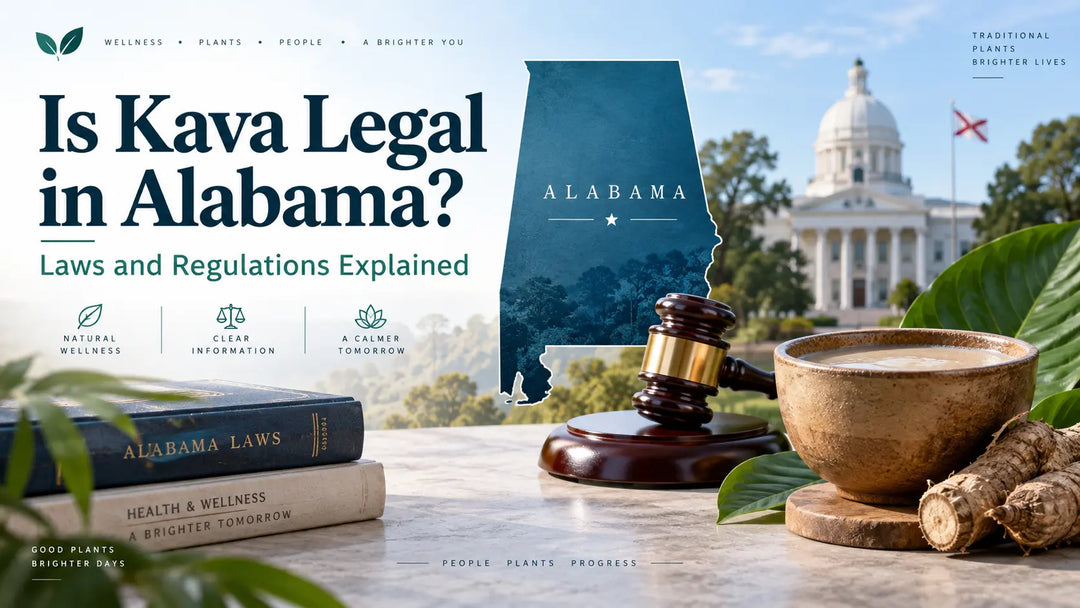 Is Kava Legal in Alabama? Alabama kava laws and regulations with state capitol, legal gavel, Alabama map, and traditional kava drink.