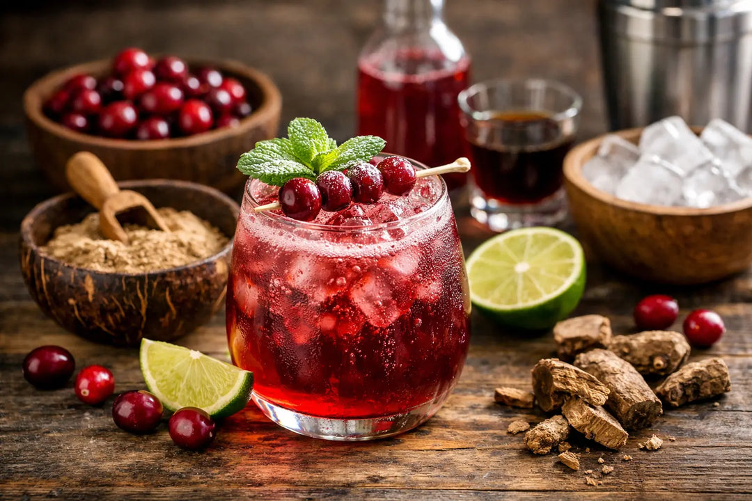 Non alcoholic cranberry kava mocktail made with kava drink mix and fresh ingredients for calm and balance