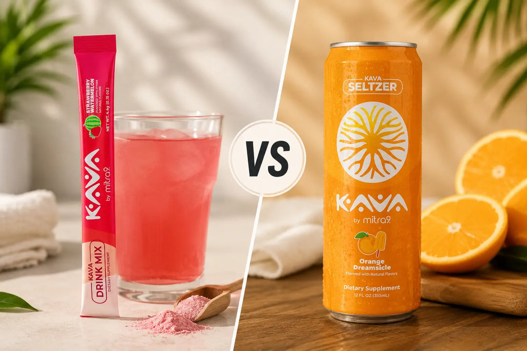 Kava drink mix stick packet and prepared beverage compared side-by-side with an Orange Dreamsicle Kava Seltzer can, illustrating the difference between powdered Kava drink mixes and ready-to-drink Kava beverages.