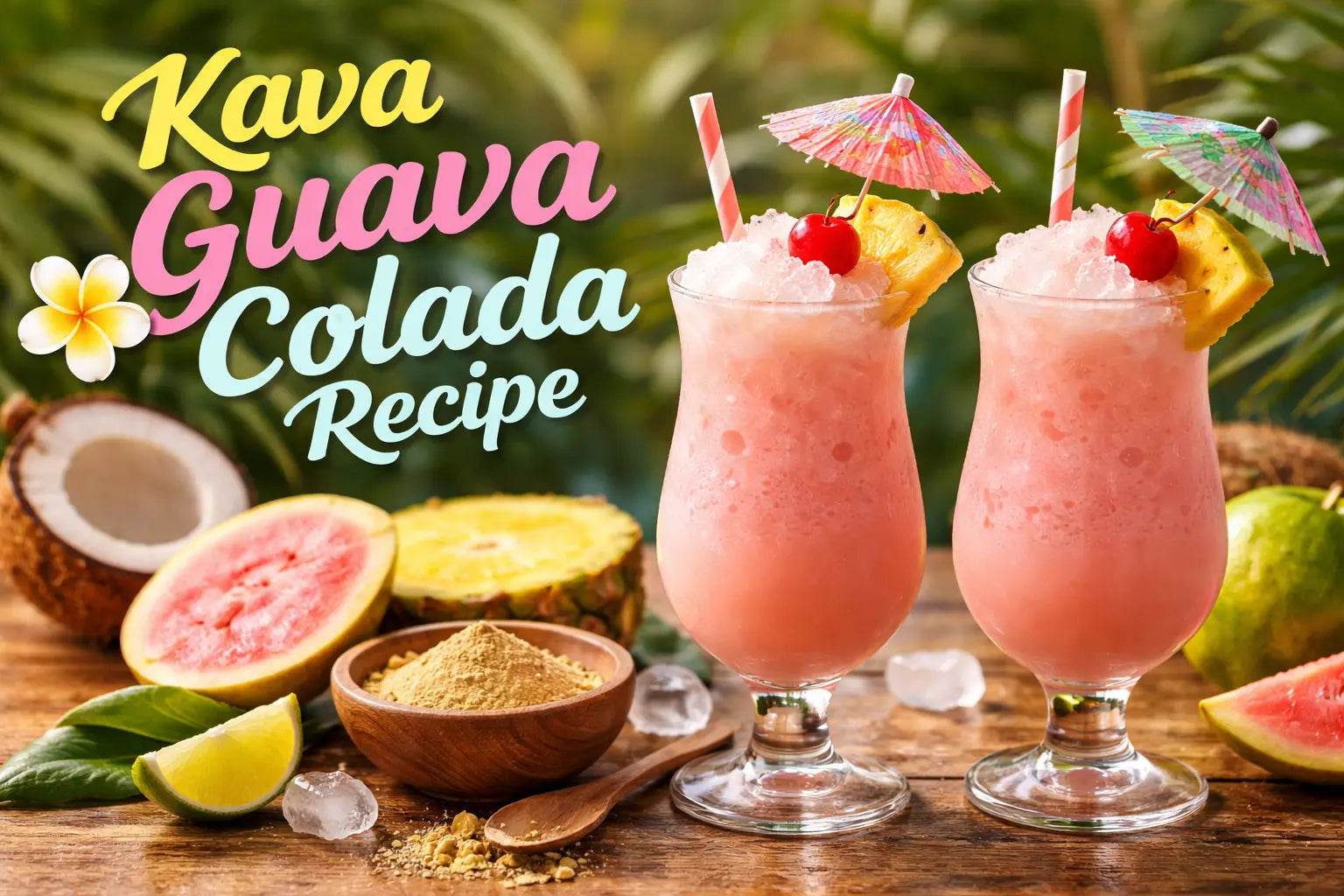 Kava guava colada mocktail recipe with two tropical pink drinks garnished with pineapple slices, cherries, and cocktail umbrellas, surrounded by fresh guava, coconut, lime, pineapple, and kava powder on a wooden table in a tropical setting